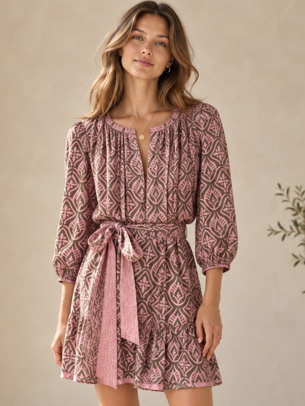 VELVET by Graham & Spencer Rose-Pink Printed Tie-Waist Mini Dress 100% Cotton XS